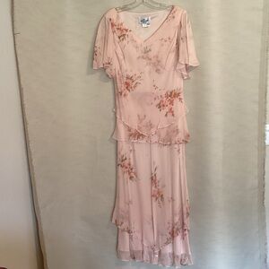 Flowy Pink Floral SILK Maxi Dress with Tiered Ruffles